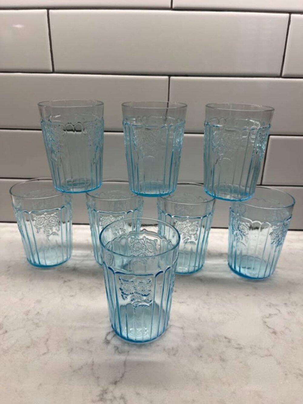 (8) Anchor Hocking 1930’s Mayfair “Open Rose” Ice Blue 9 OZ FLAT TUMBLERS